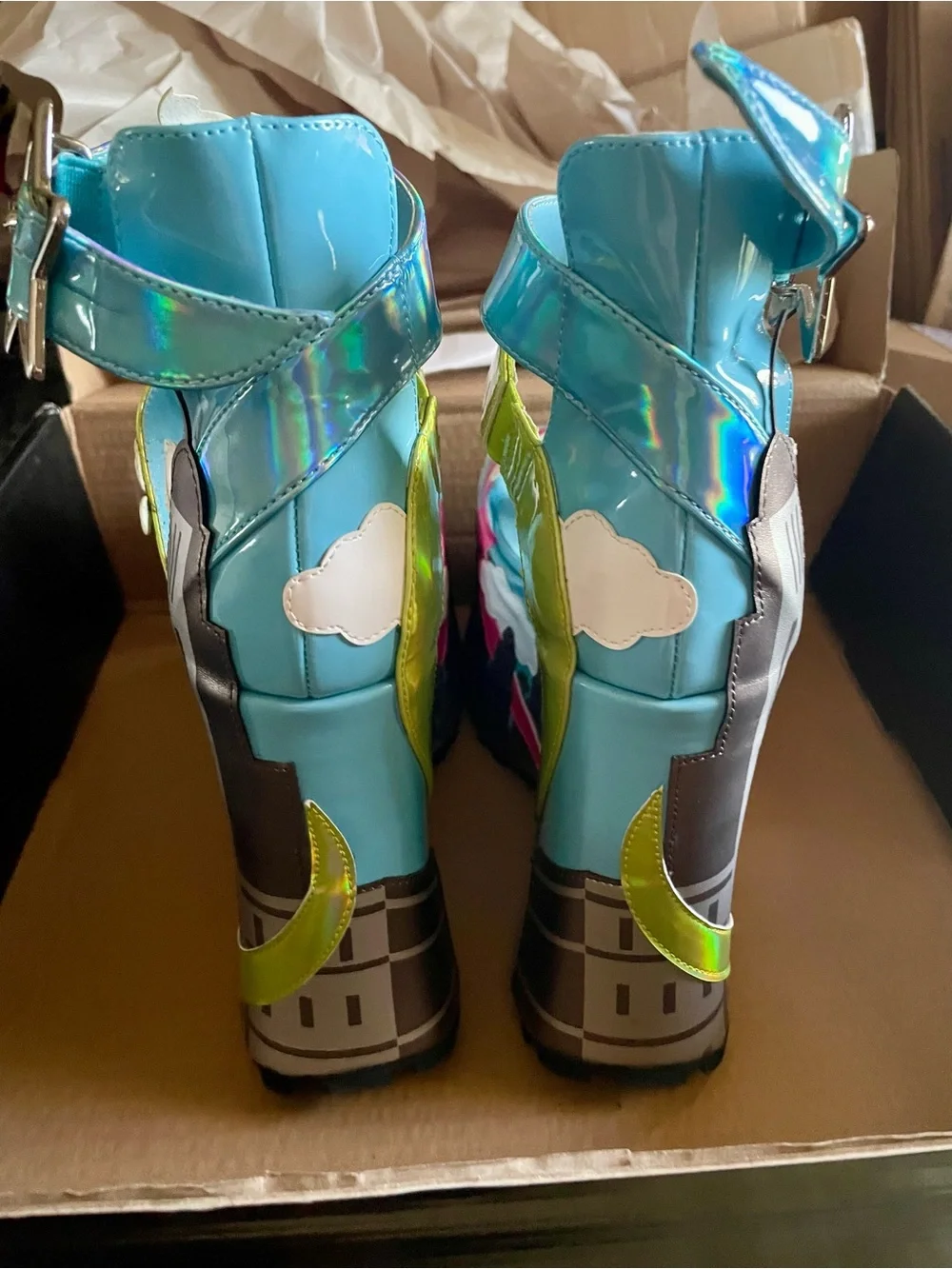 Dolls Kill The Powerpuff Girls Blue Holographic Platform Sandals size 8 NEW